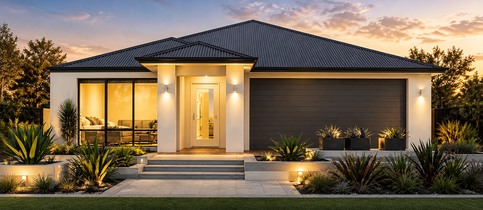 Illustrative contemporary single-storey home at dusk